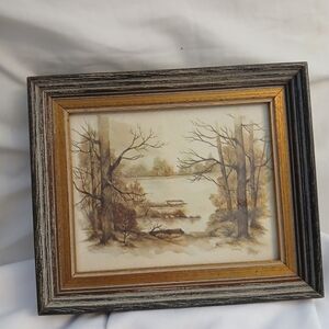 Vintage picture of a lake scene winter barren framed glass signed 5"X6" hanger